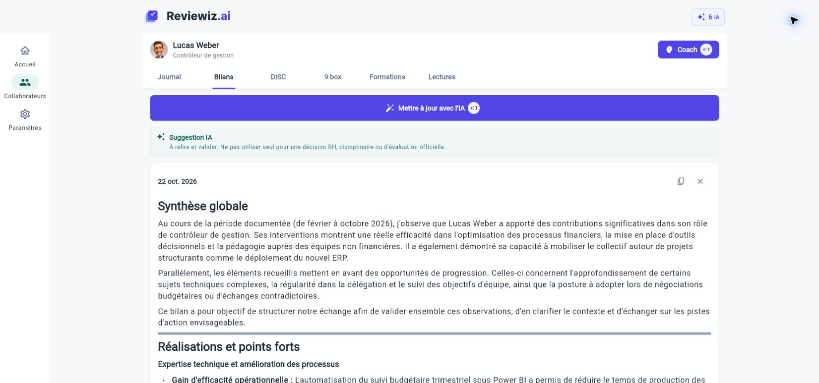 Bilans annuels IA dans Reviewiz, version ordinateur.