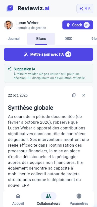 Bilans annuels IA dans Reviewiz, version mobile.