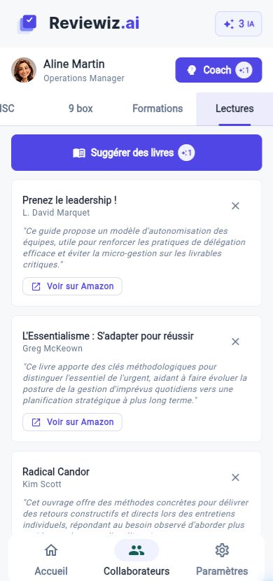 Suggestions de lecture dans Reviewiz, version mobile.