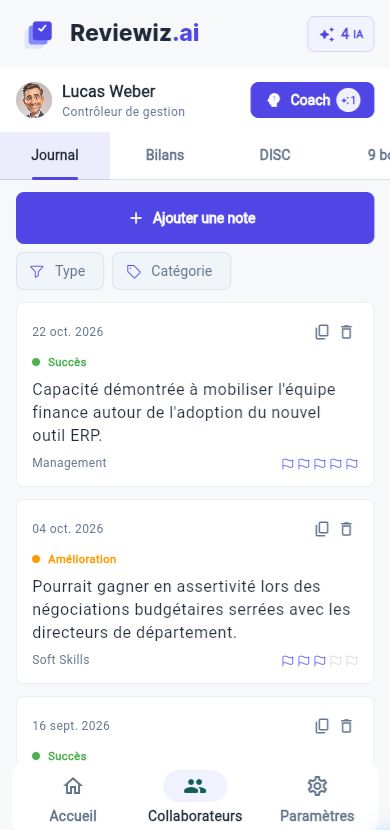 Journal collaborateur dans Reviewiz, version mobile.